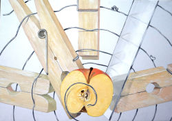 Rule 34 | acrylic paint (medium), apple, clothes pin, food, fruit, glass, knot, metal wire, no humans, original, oversized object, painting (medium), seed, senzaki-ryosuke, simple background, spiral, still life, traditional media, white background, wire