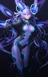 Rule 34 | 1girl, arm up, artist name, black background, blue eyes, bodysuit, breasts, closed mouth, covered navel, feet out of frame, foreshortening, glowing, hair between eyes, headgear, highres, long hair, looking at viewer, medium breasts, neptune (series), next purple, outstretched arm, power symbol, power symbol-shaped pupils, purple bodysuit, purple hair, shin jigen game neptune vii, signature, simple background, solo, swd3e2, symbol-shaped pupils, v-shaped eyebrows, very long hair
