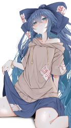Rule 34 | 1girl, absurdres, bangle, bare shoulders, blue bow, blue eyes, blue hair, blue skirt, blush, bow, bracelet, brown hoodie, closed mouth, collarbone, commentary request, debt, eyes visible through hair, hair between eyes, hand up, highres, hood, hoodie, jewelry, long hair, looking at viewer, looking down, seiza, short sleeves, simple background, sitting, skirt, solo, sweat, sweatdrop, touhou, tsune (tune), white background, yorigami shion