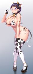 Rule 34 | 1girl, :o, absurdres, animal ears, animal print, bare shoulders, bell, bikini, black gloves, black hair, blue eyes, blunt bangs, blush, bottle, breasts, brown hair, cleavage, collar, collarbone, commentary request, covered erect nipples, cow ears, cow girl, cow horns, cow print, cow tail, cowbell, curvy, elbow gloves, fake animal ears, fake horns, fake tail, from side, full body, gloves, grey background, hair ornament, hairclip, hand on own thigh, high heels, highres, horns, huge breasts, kawase seiki, kirigaya suguha, knees together feet apart, large breasts, leaning forward, looking at viewer, milk bottle, navel, neck bell, open mouth, print thighhighs, revision, shoes, short hair, side-tie bikini bottom, simple background, skindentation, solo, swimsuit, sword art online, tail, thick thighs, thighhighs, thighs