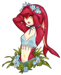 Rule 34 | 1girl, adjusting hair, alternate costume, arms up, blush, breasts, collarbone, colored skin, crop top, female focus, fish girl, flower, grass, hair flower, hair ornament, jewelry, leaf, lipstick, looking at viewer, makeup, manos, midriff, mipha, multicolored skin, navel, necklace, nintendo, parted lips, simple background, small breasts, solo, stomach, the legend of zelda, the legend of zelda: breath of the wild, white background, yellow eyes, zora