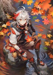 Rule 34 | 1boy, autumn leaves, black footwear, blurry, blurry foreground, brown shorts, closed mouth, commentary, day, depth of field, english commentary, genshin impact, grey hair, hair between eyes, highres, holding, holding leaf, kaedehara kazuha, knee up, leaf, male focus, maple leaf, multicolored hair, outdoors, red eyes, red hair, ripples, rock, short sleeves, shorts, sitting, smile, solo, streaked hair, sunako (veera), twitter username, water