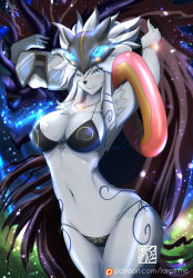 Rule 34 | 1girl, animal ears, animal nose, blue eyes, bra, breasts, furry, kindred (league of legends), lamb (league of legends), league of legends, long hair, aged up, panties, smile, thighs, torahime (artist), underwear, wolf, wolf (league of legends)