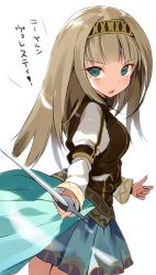 Rule 34 | 1girl, alicia (valkyrie profile 2), chestnut mouth, hairband, long hair, looking back, nauribon, simple background, skirt, solo, sword, translated, valkyrie profile (series), valkyrie profile 2: silmeria, weapon, white background