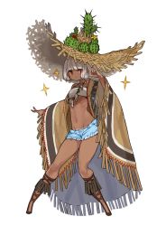 Rule 34 | 1girl, \n/, absurdres, bandages, bandeau, boots, brown footwear, cactus, dark-skinned female, dark skin, eyes visible through hair, frilled boots, frills, hat, highres, jewelry, kkaebing, large hat, long sleeves, looking at viewer, micro shorts, necklace, original, red eyes, short hair, short shorts, shorts, solo, sparkle, strapless, straw hat, tooth necklace, tube top, white bandeau, white hair, wide sleeves