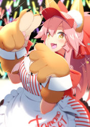 Rule 34 | 1girl, animal ear fluff, animal ears, animal hands, bell, blush, breasts, cat paws, collar, dress, fang, fate/grand order, fate (series), fox ears, fox girl, fox tail, gloves, hair ribbon, headpiece, highres, hinotama (hinotama422), jingle bell, large breasts, long hair, looking at viewer, lostroom outfit (fate), neck bell, open mouth, paw gloves, pink hair, ponytail, red ribbon, ribbon, solo, striped clothes, striped dress, tail, tamamo (fate), tamamo cat (fate)