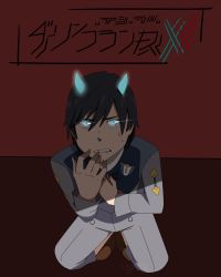 Rule 34 | 10s, 1boy, black hair, blue eyes, blue horns, brown footwear, caiyre, darling in the franxx, fang, fingernails, hand on own chest, hand up, highres, hiro (darling in the franxx), horns, long sleeves, male focus, military, military uniform, necktie, red necktie, shoes, short hair, signature, solo, squatting, sweat, uniform
