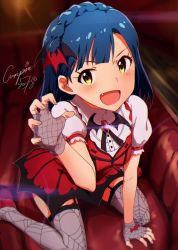Rule 34 | &gt;:d, 10s, 1girl, :d, ayano yuu (sonma 1426), bad id, bad twitter id, blue hair, blush, brooch, claw pose, couch, dress, fang, fingerless gloves, fishnets, gloves, hair ornament, idolmaster, idolmaster million live!, jewelry, looking at viewer, my dear vampire, nanao yuriko, open mouth, red dress, signature, sitting, smile, solo, spider web print, thighhighs, v-shaped eyebrows, wariza, yellow eyes