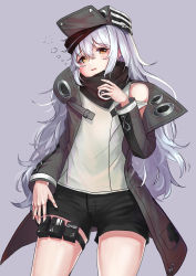 Rule 34 | 1girl, absurdres, blouse, blush, brown eyes, g11 (girls&#039; frontline), girls&#039; frontline, green shirt, grey background, grey hair, hat, highres, iznal, long hair, looking at viewer, open mouth, shirt, shorts, simple background, solo, tagme, thighs, white background