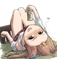 Rule 34 | 1girl, akigumo (kancolle), akigumo (new year mode) (kancolle), beer can, blue shirt, brown hair, brown skirt, can, dova, drink can, green eyes, holding, holding stylus, kantai collection, long hair, looking at viewer, lying, mole, mole under eye, official alternate costume, polka dot, polka dot ribbon, ponytail, ribbon, shirt, skirt, solo, stylus, table