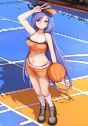 Rule 34 | 1girl, absurdres, armpit crease, armpits, ball, baseball cap, basketball, basketball (object), basketball court, blue eyes, blue hair, borrowed character, breasts, cleavage, commentary, crop top, english commentary, full body, hat, highres, holding, holding ball, long hair, medium breasts, bae minah (chaesu), navel, nui gurumi, orange hair, orange shirt, orange shorts, original, shadow, shirt, shoes, shorts, sideways hat, sneakers, solo, spaghetti strap, standing, swept bangs, swimsuit, v, very long hair