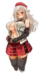Rule 34 | 10s, 1girl, alisa ilinichina amiella, black gloves, black thighhighs, blue eyes, blush, boots, breasts, elbow gloves, fingerless gloves, gloves, god eater, hat, highres, large breasts, long hair, navel, perky breasts, plaid, plaid skirt, sachito, silver hair, simple background, skirt, solo, thigh boots, thighhighs, underboob, white background