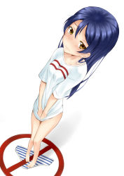 Rule 34 | 1girl, absurdres, barefoot, blue hair, blush, bottomless, closed mouth, covering privates, covering crotch, embarrassed, full body, hair between eyes, highres, long hair, looking at viewer, love live!, love live! school idol project, no panties, no pants, shirt, shirt tug, shitou (1992116210), simple background, solo, sonoda umi, standing, t-shirt, white background, white shirt, yellow eyes