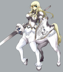 Rule 34 | 1girl, aoguu, armor, blonde hair, breasts, centaur, centaur knight, fantasy, green eyes, huge breasts, knight, lace, lance, large breasts, lingerie, long hair, monster girl, original, pointy ears, polearm, shield, simple background, solo, spear, taur, thighhighs, underwear, warrior, weapon