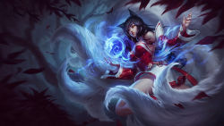 Rule 34 | 1girl, ahri (league of legends), animal, animal ears, black hair, breasts, cleavage, detached sleeves, energy ball, facial mark, fox ears, fox girl, fox tail, highres, korean clothes, large breasts, league of legends, lipstick, long hair, makeup, md5 mismatch, multiple tails, nail polish, red nails, slit pupils, solo, tail, whisker markings, yellow eyes, yirui liya