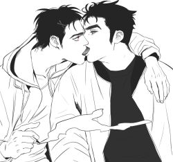 Rule 34 | 2boys, bad id, bad twitter id, black hair, cigarette, ear piercing, earrings, greyscale, hair ornament, hairclip, highres, hug, jacket, jewelry, kiss, kkeiogh88, long sideburns, looking at another, monochrome, multiple boys, original, piercing, red eyes, shirt, sideburns, smoke, t-shirt, thick eyebrows, yaoi