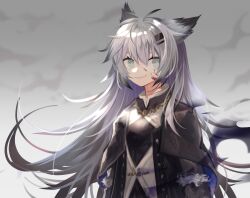 Rule 34 | 1girl, animal ears, arknights, black capelet, black coat, blood, blood on face, capelet, coat, grey eyes, grin, hair between eyes, hair ornament, hairclip, highres, jewelry, lappland (arknights), lappland (refined horrormare) (arknights), long hair, looking at viewer, messy hair, miyo umehara, necklace, parted lips, scar, scar across eye, simple background, smile, solo, upper body