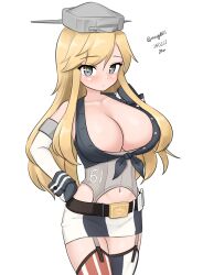 Rule 34 | 1girl, absurdres, american flag legwear, asymmetrical legwear, blonde hair, blue eyes, breasts, cleavage, commentary request, cowboy shot, dated, elbow gloves, flag print, front-tie top, gloves, hair between eyes, highres, iowa (kancolle), jacket, kantai collection, large breasts, long hair, looking at viewer, maru (marg0613), mismatched legwear, skirt, smile, solo, star-shaped pupils, star (symbol), striped clothes, striped thighhighs, symbol-shaped pupils, thighhighs, twitter username, vertical-striped clothes, vertical-striped thighhighs, white background