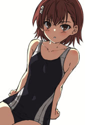 Rule 34 | 1girl, 2022, 20s, asymmetrical bangs, backlighting, bare shoulders, black one-piece swimsuit, blush, bob cut, brown eyes, brown hair, collarbone, covered navel, cowboy shot, dutch angle, flower, groin, hair flower, hair ornament, highres, looking at viewer, matching hair/eyes, misaka mikoto, noneru, one-piece swimsuit, school swimsuit, short hair, sidelighting, simple background, sitting, solo, swimsuit, toaru majutsu no index, tokiwadai school swimsuit, white background