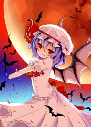 Rule 34 | 1girl, absurdres, ascot, bat (animal), bat wings, bow, dress, fading, freeze (867139), frilled dress, frilled hat, frills, full moon, hat, highres, looking at viewer, moon, open mouth, pink dress, purple hair, red bow, red eyes, red moon, red ribbon, remilia scarlet, ribbon, short hair, short sleeves, sky, solo, embodiment of scarlet devil, touhou, wings