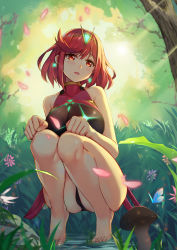 Rule 34 | 1girl, absurdres, ass, barefoot, blush, breasts, bug, butterfly, cleavage, competition swimsuit, feet, forest, full body, grass, hentai kuwa, highres, insect, large breasts, mushroom, nature, nintendo, one-piece swimsuit, open mouth, outdoors, pyra (pro swimmer) (xenoblade), pyra (xenoblade), red eyes, red hair, short hair, solo, squatting, swept bangs, swimsuit, thighs, xenoblade chronicles (series), xenoblade chronicles 2