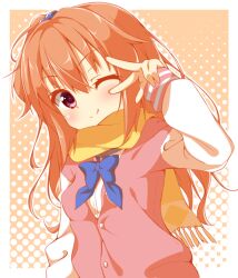 Rule 34 | 1girl, ;), akishisu (air balance), arm at side, arm up, blue bow, blue scrunchie, blush, border, bow, closed mouth, commentary request, fringe trim, hair between eyes, hair ornament, hair scrunchie, inaba meguru, jacket, long hair, looking at viewer, one eye closed, one side up, orange background, orange hair, pink jacket, polka dot, polka dot background, red eyes, sanoba witch, scarf, school uniform, scrunchie, smile, solo, upper body, v, v over eye, wavy hair, white border, white sleeves, yellow scarf
