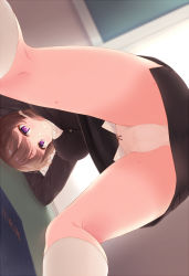Rule 34 | 1girl, all fours, angry, backlighting, blouse, bow, bow panties, brown hair, chalkboard, classroom, clenched teeth, dutch angle, formal, indoors, kneepits, komone ushio, looking at viewer, original, panties, pencil skirt, purple eyes, shirt, skirt, skirt suit, socks, solo, suit, teeth, thighs, underwear, white panties, white shirt, white socks