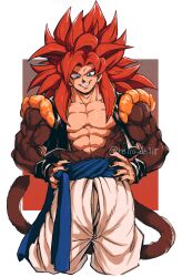 Rule 34 | 1boy, absurdres, biceps, black wristband, blue eyes, blue sash, body fur, dragon ball, dragon ball gt, gogeta, highres, looking at viewer, male focus, metamoran vest, monkey boy, monkey tail, muscular, muscular male, no nipples, pants, pectorals, red hair, relio db318, sash, simple background, smile, solo, spiked hair, super saiyan, super saiyan 4, tail, veins, veiny hands, white pants