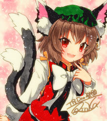 Rule 34 | 1girl, animal ear fluff, animal ears, bad id, bad pixiv id, brown hair, cat ears, cat tail, chen, dress, earrings, gold trim, hat, jewelry, mob cap, multiple tails, nekomata, qqqrinkappp, red dress, red eyes, shikishi, short hair, single earring, solo, tail, touhou, traditional media, two tails