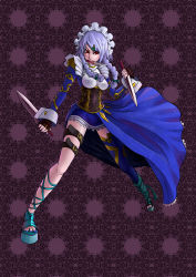 Rule 34 | 1girl, absurdres, adapted costume, asymmetrical clothes, braid, breasts, chongtian yixiao shualuanfei, corset, glaring, gloves, hair ornament, hairclip, half-skirt, highres, holding, holding knife, impossible clothes, impossible shirt, izayoi sakuya, knife, maid headdress, miniskirt, mouth hold, platform footwear, red eyes, shirt, silver hair, simple background, skirt, solo, touhou, twin braids, waist cape