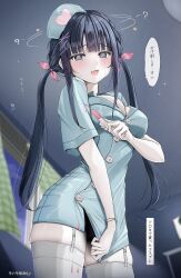 1girl black_hair blue_eyes blunt_bangs blush breasts cleavage confused embarrassed garter_belt garter_straps hat highres holding holding_syringe looking_at_viewer medium_breasts nurse nurse_cap open_mouth original sidelocks solo_focus speech_bubble syringe thighhighs thighs twintails uiri-na white_thighhighs