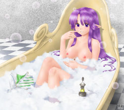 Rule 34 | 1girl, asphyxiation, bath, blush, breasts, bubble, drowning, eichikei (hakuto), elf, female focus, giant, giantess, indoors, long hair, medium breasts, mini person, miniboy, nipples, nude, partially submerged, pointy ears, sitting, solo, water