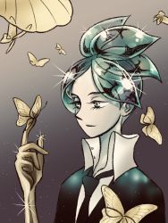 Rule 34 | 1other, androgynous, bug, butterfly, crystal hair, gem uniform (houseki no kuni), golden arms, green eyes, green hair, highres, houseki no kuni, bug, light smile, necktie, open collar, phosphophyllite, short hair, smile, solo, sparkle, spoilers, upper body, yellow butterfly