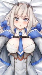 Rule 34 | 1girl, bed sheet, blue necktie, blush, breasts, capelet, detached collar, grey capelet, grey eyes, grey hair, headgear, highres, kantai collection, koru pera, large breasts, long hair, looking at viewer, maryland (kancolle), necktie, open mouth, solo, upper body