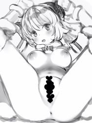 Rule 34 | 1girl, animal ears, anus, bad id, bad pixiv id, blush, breasts, censored, curled horns, from behind, greyscale, highres, hololive, horns, looking at viewer, lying, medium breasts, monochrome, mosaic censoring, nanashi (nlo), navel, nipples, nude, on back, open mouth, sheep ears, sheep horns, solo, spread legs, tsunomaki watame, tsunomaki watame (1st costume), virtual youtuber