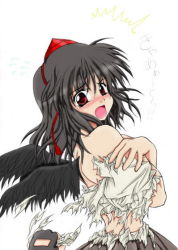 Rule 34 | 1girl, bare shoulders, black hair, black wings, blush, embarrassed, female focus, hat, looking at viewer, midriff, open mouth, red eyes, shameimaru aya, short hair, solo, tearing clothes, torn clothes, touhou, wings