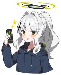 Rule 34 | 1girl, bad id, bad twitter id, blue archive, blue hoodie, blunt bangs, blush, can, cropped torso, dot nose, drink, green eyes, hair ornament, halo, happy, hare (blue archive), highres, holding, holding drink, hood, hood down, hoodie, long sleeves, looking at viewer, monster energy, murase48, open mouth, ponytail, sidelocks, simple background, smile, sparkle, upper body, white background, white hair