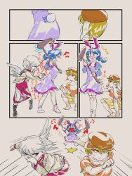 Rule 34 | 3girls, 4koma, ^^^, afterimage, angel wings, anger vein, angry, animal ears, barefoot, blonde hair, blouse, blue hair, blush, boots, brown hat, chamaruk, comic, commentary request, dress, earclip, flat cap, fleeing, floppy ears, grabbing, grey hair, grey wings, hand on own face, hat, highres, holding, jacket, juliet sleeves, kine, kishin sagume, long dress, long sleeves, looking at another, mallet, medium dress, motion lines, multiple girls, nose blush, open clothes, open jacket, open mouth, puffy sleeves, purple dress, rabbit ears, rabbit tail, red eyes, ringo (touhou), running, seiran (touhou), shirt, short hair, short sleeves, shorts, silent comic, single wing, socks, sound effects, squatting, standing, surprised, tail, tail grab, touhou, twintails, wings