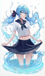 Rule 34 | 1girl, bib (bibboss39), black neckerchief, black ribbon, black sailor collar, black skirt, blue eyes, blue hair, blush, bottle miku, breasts, closed mouth, clothes lift, commentary, cowboy shot, crop top, crop top overhang, cropped legs, dot nose, facing viewer, fish, goldfish, hair ribbon, hatsune miku, highres, liquid hair, midriff, navel, neckerchief, pleated skirt, ribbon, sailor collar, school uniform, see-through, serafuku, short sleeves, sidelocks, simple background, skirt, skirt hold, skirt lift, small breasts, smile, solo, striped ribbon, thighs, twintails, two-tone ribbon, vocaloid, wading, water, water drop, wet, wet clothes, white background