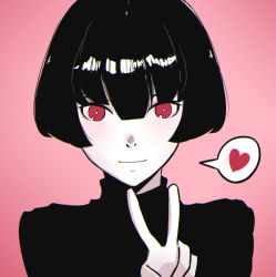 Rule 34 | 1girl, absurdres, blush, bob cut, chromatic aberration, commentary, faiz azhar, greyscale, greyscale with colored background, heart, highres, ilya kuvshinov (style), looking at viewer, monochrome, original, parody, pink background, pink eyes, short hair, simple background, smile, solo, speech bubble, spoken heart, style parody, upper body, v