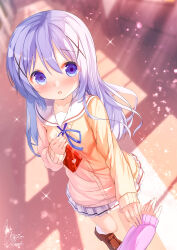 Rule 34 | 2girls, blue eyes, blue hair, blue ribbon, blurry, blurry background, blush, box, brown cardigan, brown footwear, cardigan, chinomaron, collarbone, commentary request, depth of field, gift, gift box, gochuumon wa usagi desu ka?, hair ornament, highres, holding, holding gift, indoors, kafuu chino, loafers, long hair, long sleeves, looking at viewer, multiple girls, neck ribbon, nose blush, open mouth, pleated skirt, redrawn, ribbon, sailor collar, school uniform, serafuku, shirt, shoes, signature, skirt, sleeves past wrists, socks, solo focus, valentine, very long hair, white sailor collar, white shirt, white skirt, x hair ornament