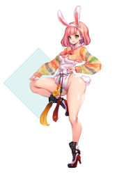 Rule 34 | 1girl, animal ears, ass, breasts, green eyes, high heels, highres, japanese clothes, leg up, medium breasts, pink hair, rabbit ears, rabbit tail, solo, tail, thick thighs, thighs, toriseru (rare stone)