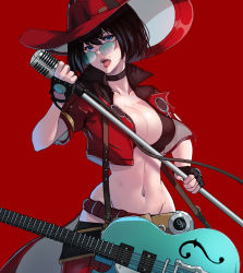 Rule 34 | absurdres, black hair, blue eyes, choker, electric guitar, green-tinted eyewear, green-tinted glasses, guilty gear, guilty gear strive, guitar, hat, highres, i-no, instrument, jacket, lessone, looking at viewer, looking over eyewear, looking over glasses, microphone, midriff, music, open mouth, red background, red jacket, red lips, short hair, singing, sunglasses, tinted eyewear, venus symbol, very short hair, witch hat