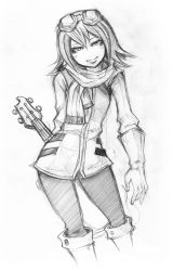 Rule 34 | 00s, boots, flcl, gloves, goggles, goggles on head, greyscale, guitar, haruhara haruko, instrument, knee boots, monochrome, pantyhose, project.c.k., scarf, short hair, sketch, solo