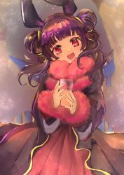Rule 34 | 1girl, absurdres, aburiengawa3150, animal ears, black coat, coat, cup, dragon girl, dragon wings, dress, drink, drinking, drinking glass, eyebrows, fake animal ears, fire emblem, fire emblem: the sacred stones, fur-trimmed coat, fur-trimmed sleeves, fur trim, glass, halloween, highres, long hair, long sleeves, looking at viewer, multi-tied hair, myrrh (fire emblem), nintendo, official alternate costume, open mouth, puffy long sleeves, puffy sleeves, purple hair, rabbit ears, red dress, red eyes, smile, solo, standing, twintails, wings, yellow wings