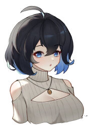 Rule 34 | 1girl, :o, ahoge, black hair, blue eyes, blue hair, breasts, cleavage, cleavage cutout, clothing cutout, commentary request, cropped torso, grey sweater, highres, honkai (series), honkai impact 3rd, looking at viewer, medium breasts, multicolored hair, parted lips, ribbed sweater, seele vollerei, short sleeves, shoulder cutout, simple background, solo, sweater, turtleneck, turtleneck sweater, two-tone hair, upper body, white background, yuan zhen (user pnhx4422)