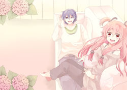 Rule 34 | 10s, 1boy, 1girl, alternate costume, angel beats!, bad id, bad pixiv id, barefoot, blue eyes, blue hair, casual, chocho (homelessfox), couch, flower, hair ornament, hair ribbon, hinata hideki, hydrangea, long hair, lying, on back, open mouth, pink eyes, pink hair, ribbon, sitting, smile, twintails, two side up, yui (angel beats!)