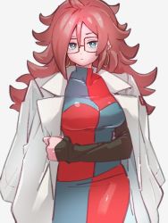 Rule 34 | 1girl, android 21, blue eyes, breasts, checkered clothes, checkered dress, dragon ball, dragon ball fighterz, dress, earrings, glasses, hoop earrings, jewelry, kemachiku, lab coat, long hair, looking at viewer, medium breasts, red hair, red ribbon army, simple background, solo
