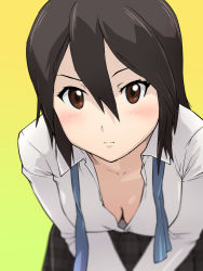 Rule 34 | 10s, 1girl, 3:, black hair, blouse, blurry, blush, breasts, brown eyes, cleavage, depth of field, downblouse, hair between eyes, inaba himeko, kokoro connect, leaning forward, looking at viewer, no bra, shirt, short hair, simple background, solo, ueyama michirou, untied, white shirt