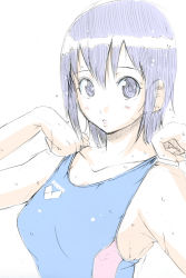 Rule 34 | 1girl, adjusting clothes, adjusting swimsuit, blue eyes, blue hair, competition swimsuit, frogman, izumi haruka, matching hair/eyes, nylon (nylon 100%), official art, one-piece swimsuit, purple hair, short hair, sketch, solo, swimsuit